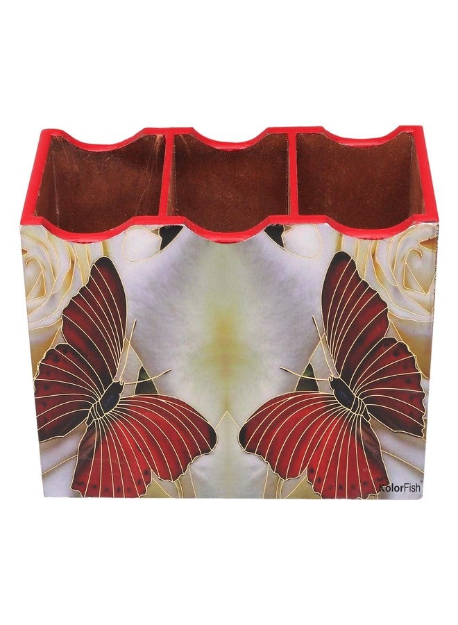 KolorFish MDF Wooden Cutlery Stand Holder with Special Enamel Coating and 3D Gold Foiling Work for Dining Table and Kitchen (Red Butterfly - Gold Series) - Image 3